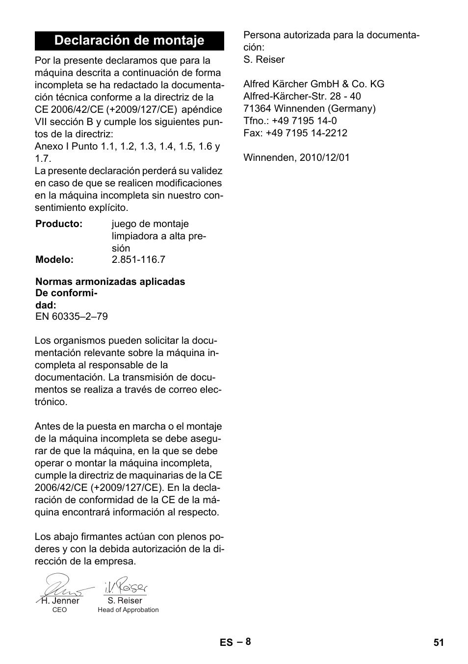 Declaración de montaje | Karcher MIC 34C User Manual | Page 51 / 172