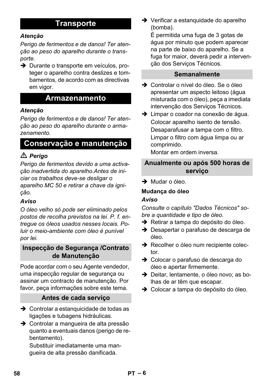 Transporte armazenamento conservação e manutenção | Karcher MIC 34C User Manual | Page 58 / 172
