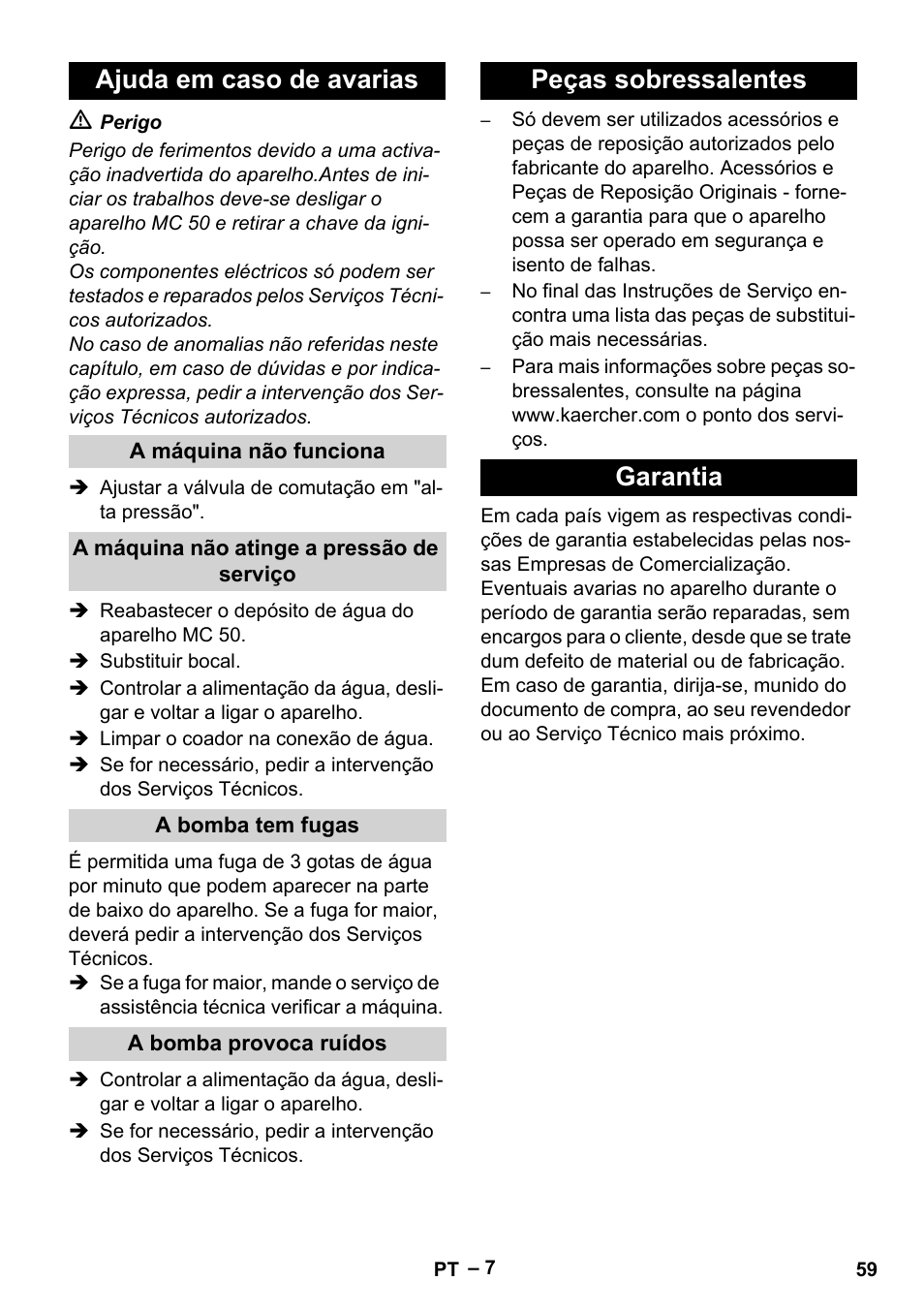 Ajuda em caso de avarias, Peças sobressalentes garantia | Karcher MIC 34C User Manual | Page 59 / 172
