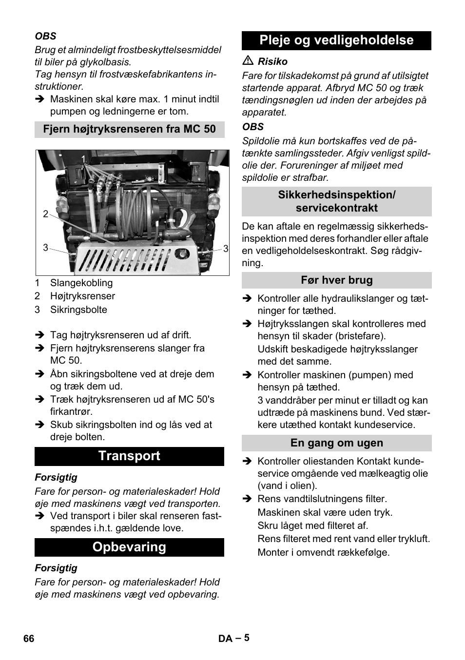 Transport opbevaring pleje og vedligeholdelse | Karcher MIC 34C User Manual | Page 66 / 172