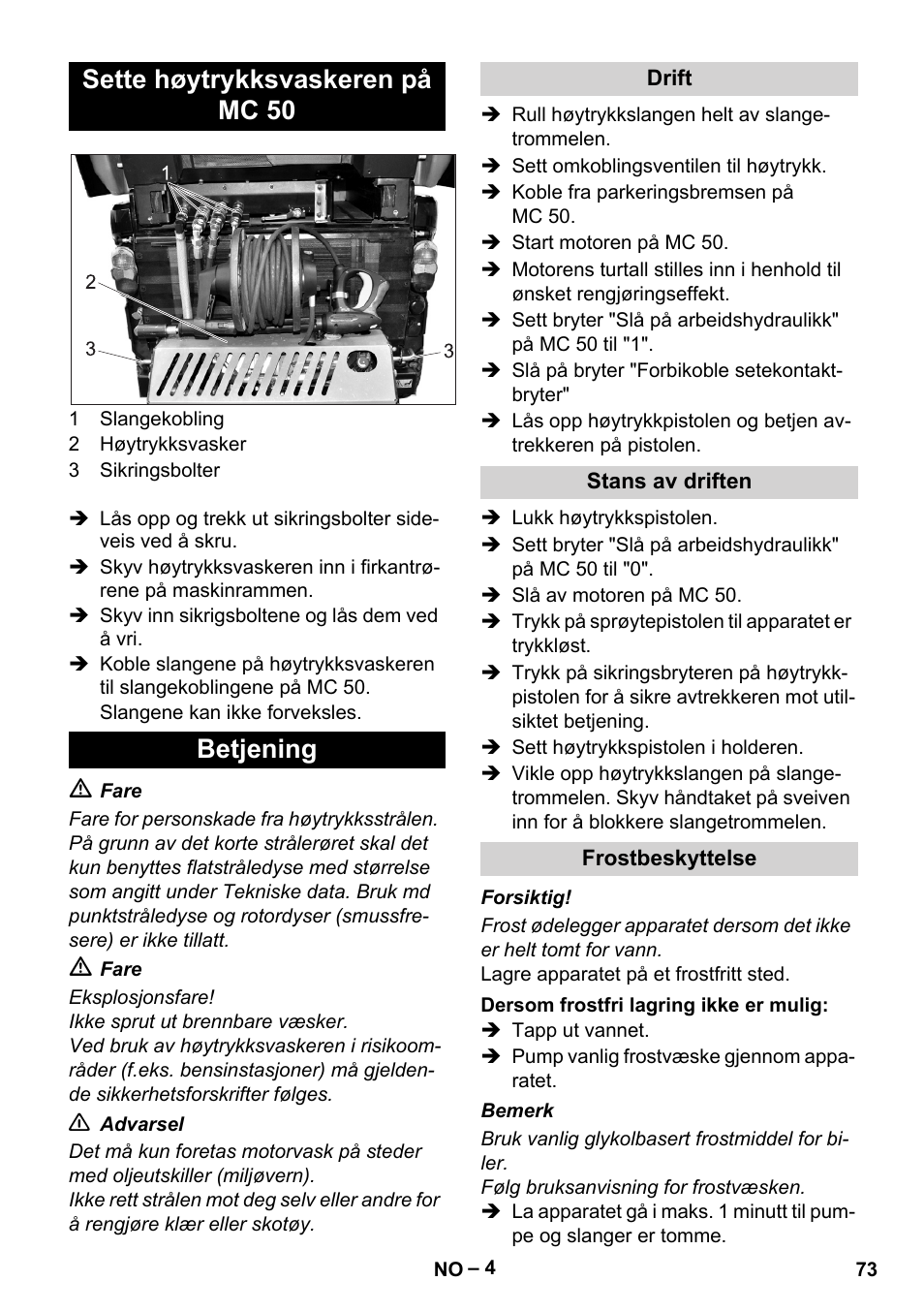 Sette høytrykksvaskeren på mc 50 betjening | Karcher MIC 34C User Manual | Page 73 / 172