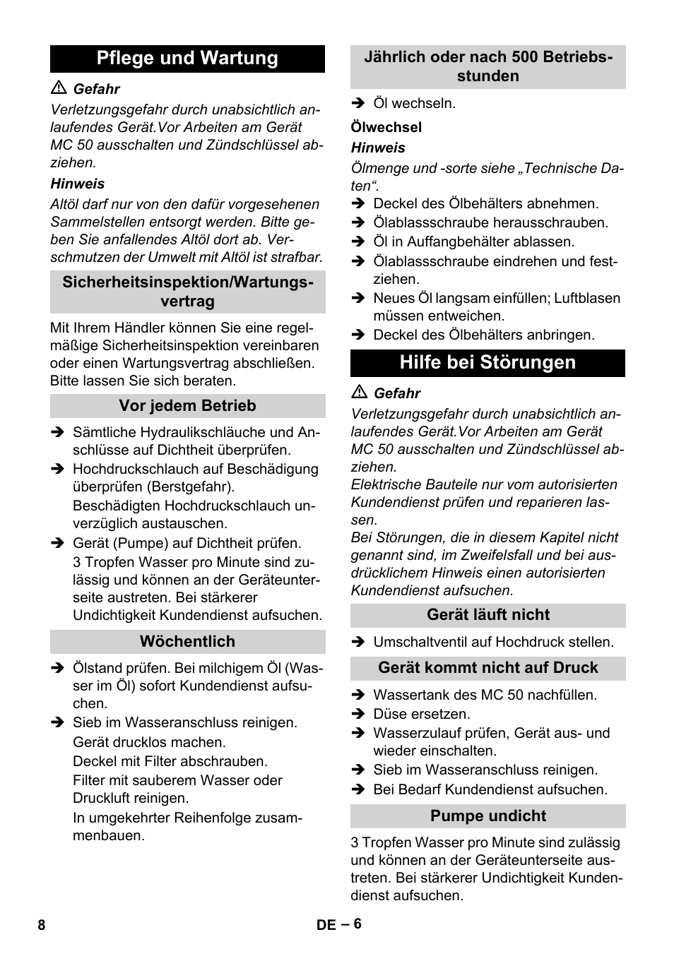 Pflege und wartung, Hilfe bei störungen | Karcher MIC 34C User Manual | Page 8 / 172