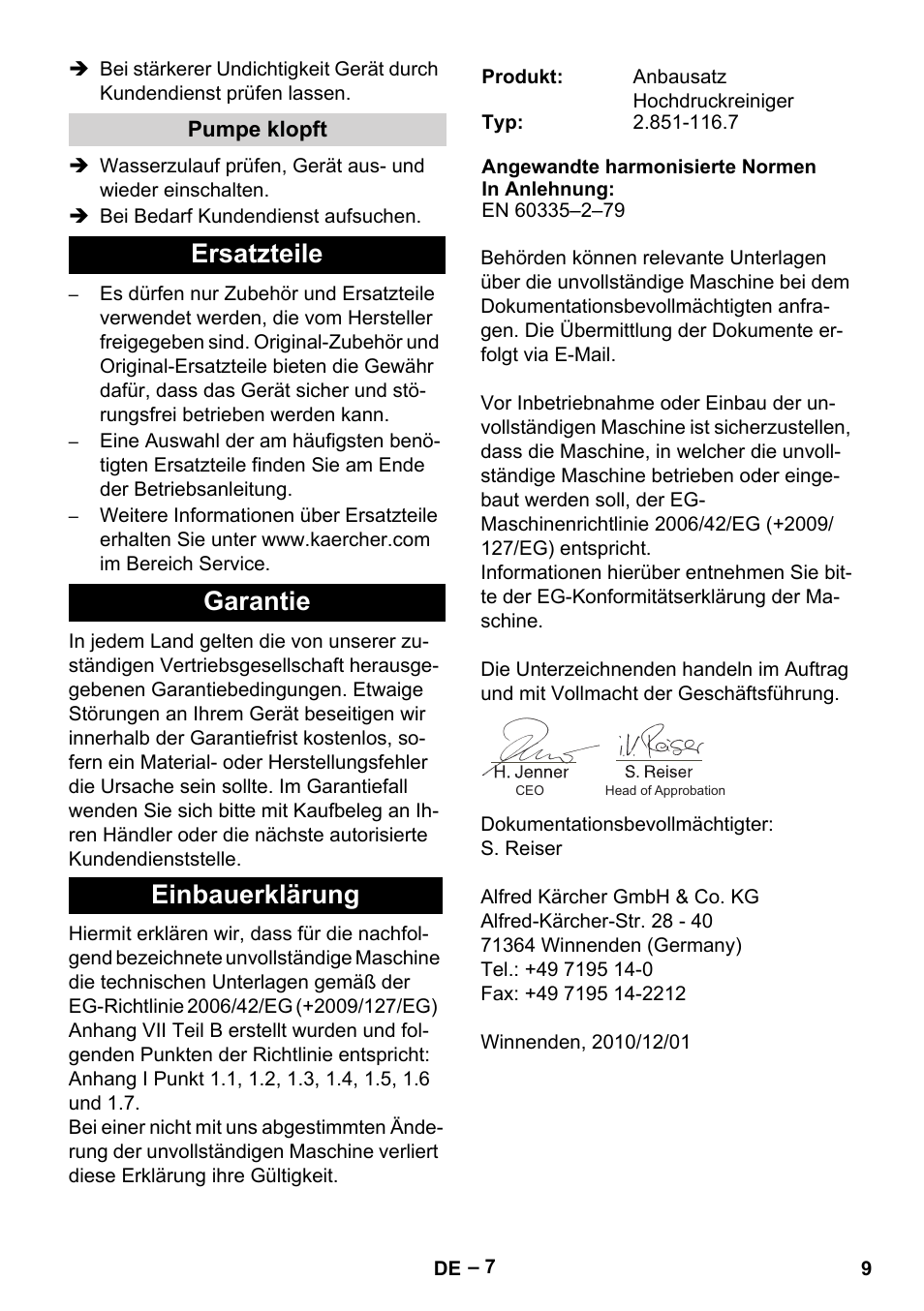 Ersatzteile garantie einbauerklärung | Karcher MIC 34C User Manual | Page 9 / 172