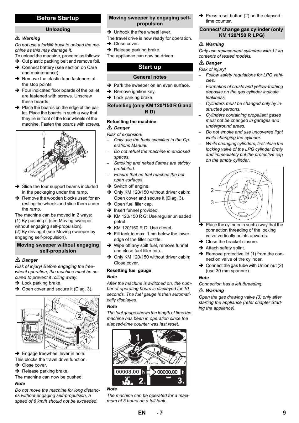 Before startup, Start up | Karcher KM 120-150 R D User Manual | Page 9 / 22