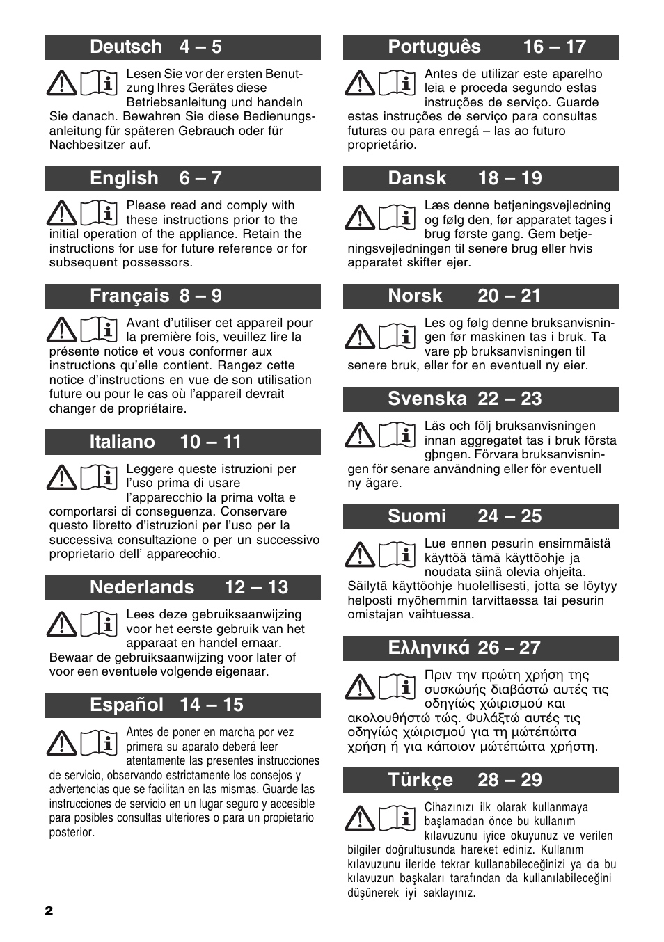 Português 16 – 17, Dansk 18 – 19, Norsk 20 – 21 | Svenska 22 – 23, Suomi 24 – 25, Eëëçíéêü 26 – 27, Türkçe 28 – 29, Deutsch 4 – 5, English 6 – 7, Français 8 – 9 | Karcher MV 3 Fireplace Kit User Manual | Page 2 / 60