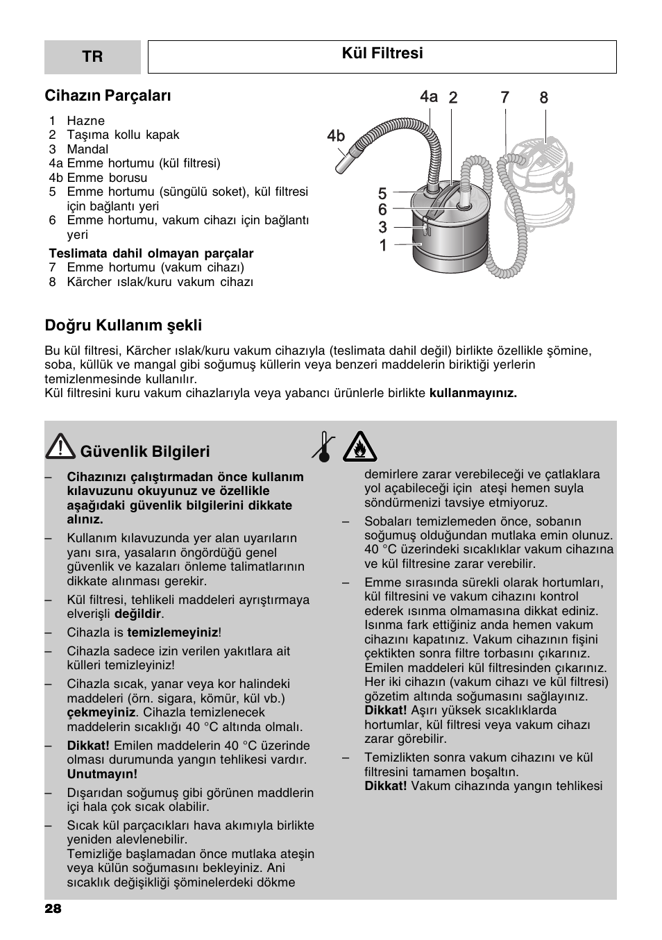 Tr kül filtresi güvenlik bilgileri, Cihazýn parçalarý, Doðru kullaným þekli | Karcher MV 3 Fireplace Kit User Manual | Page 28 / 60