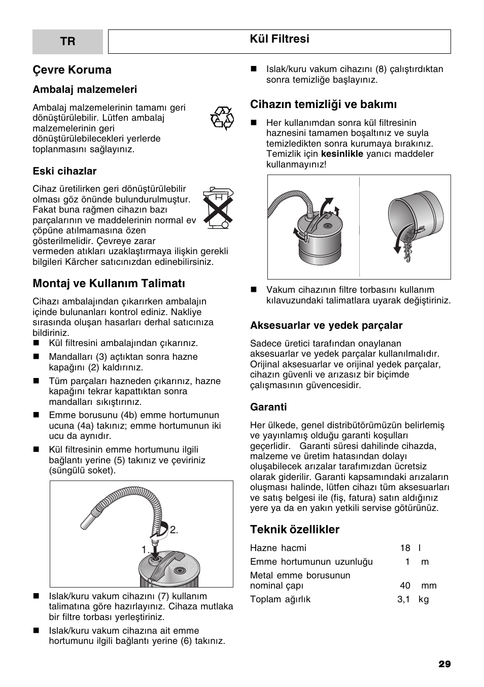 Çevre koruma, Montaj ve kullaným talimatý, Tr kül filtresi | Cihazýn temizliði ve bakýmý, Teknik özellikler | Karcher MV 3 Fireplace Kit User Manual | Page 29 / 60
