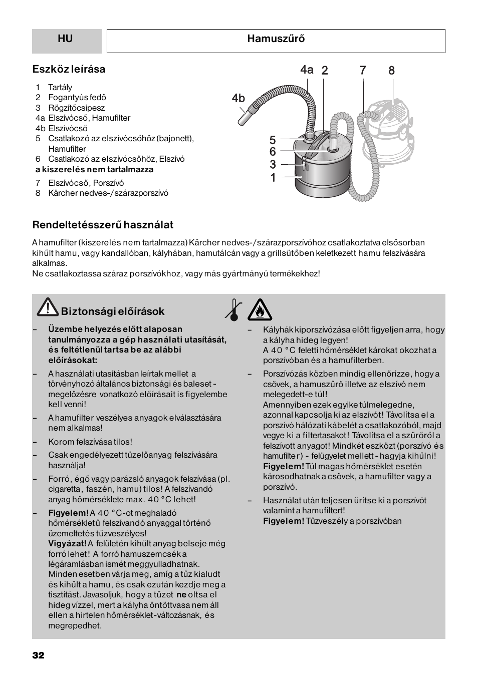 Hamuszűrő biztonsági előírások, Eszköz leírása, Rendeltetésszerű használat | Karcher MV 3 Fireplace Kit User Manual | Page 32 / 60