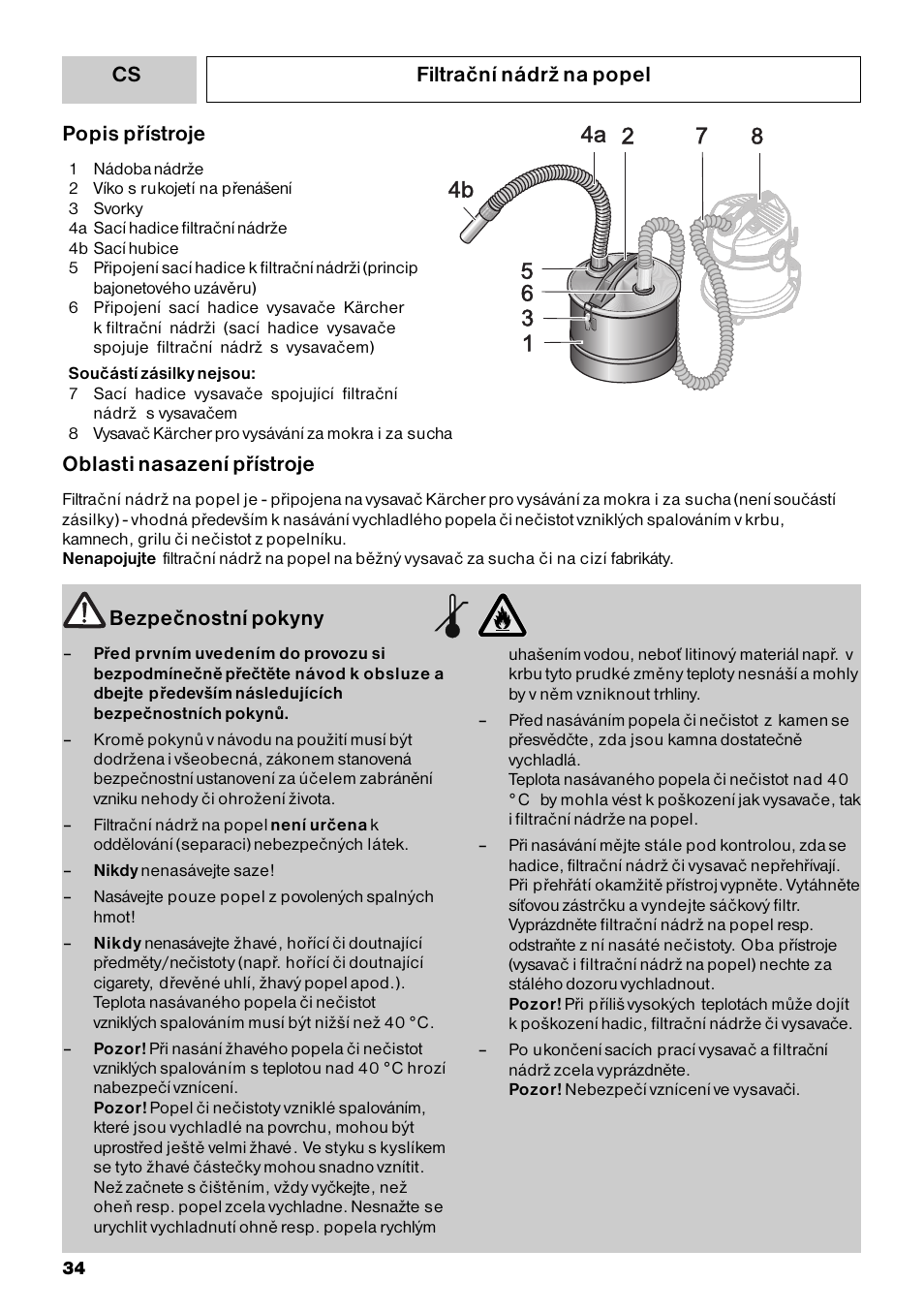 Filtrační nádrž na popel bezpečnostní pokyny, Popis přístroje, Oblasti nasazení přístroje | Karcher MV 3 Fireplace Kit User Manual | Page 34 / 60