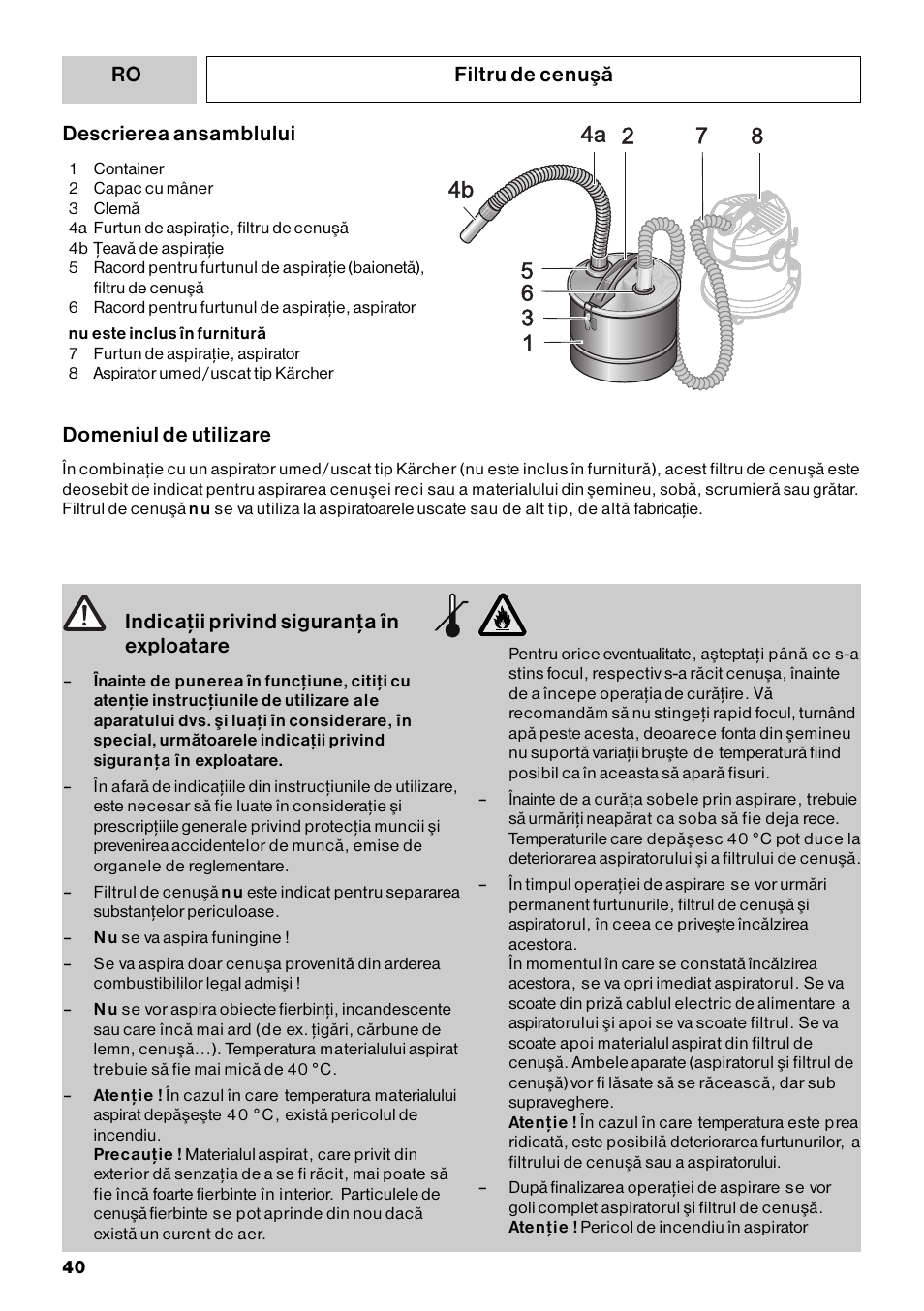 Descrierea ansamblului, Domeniul de utilizare | Karcher MV 3 Fireplace Kit User Manual | Page 40 / 60