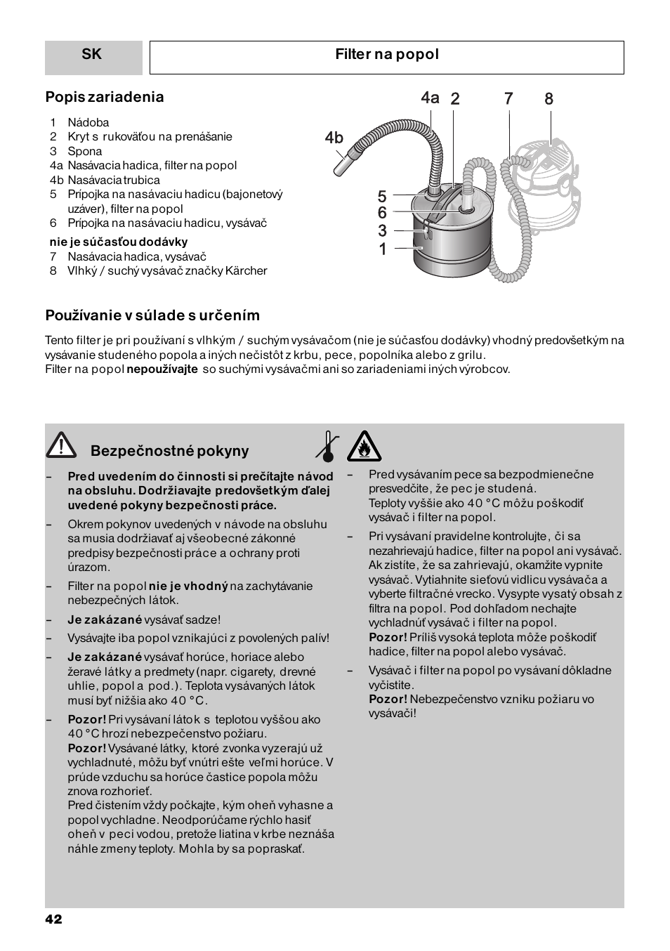 Filter na popol bezpečnostné pokyny, Popis zariadenia, Používanie v súlade s určením | Karcher MV 3 Fireplace Kit User Manual | Page 42 / 60