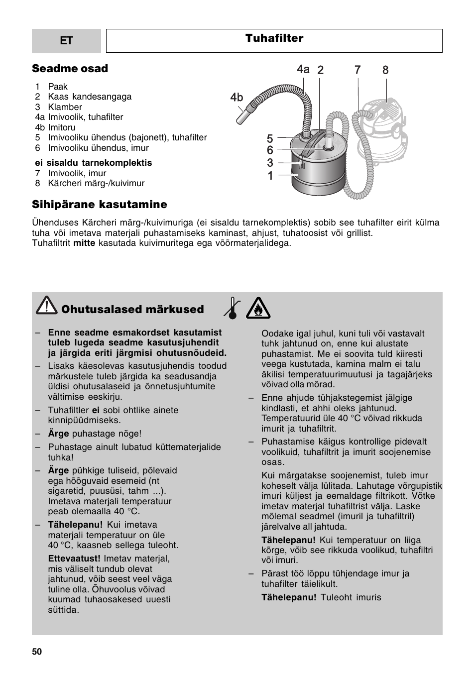 Et tuhafilter ohutusalased märkused, Seadme osad, Sihipärane kasutamine | Karcher MV 3 Fireplace Kit User Manual | Page 50 / 60