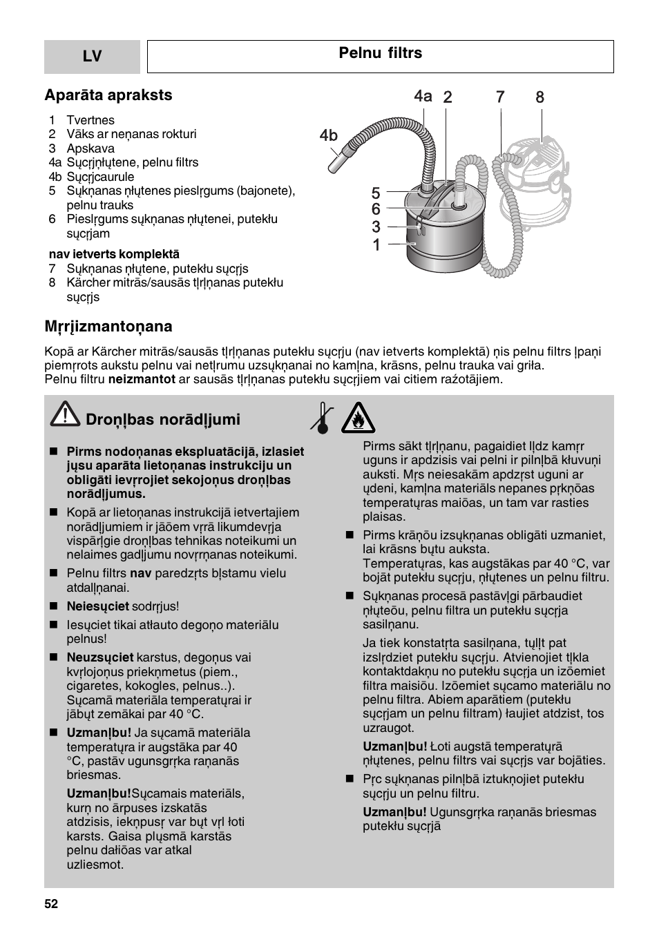 Lv pelnu filtrs droðîbas norâdîjumi, Aparâta apraksts, Mçríizmantoðana | Karcher MV 3 Fireplace Kit User Manual | Page 52 / 60