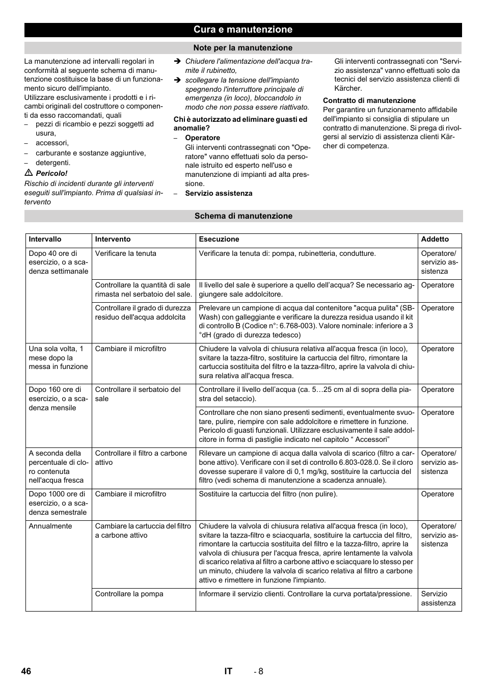 Cura e manutenzione | Karcher SB Wash Oel 50-10 F VA User Manual | Page 46 / 128