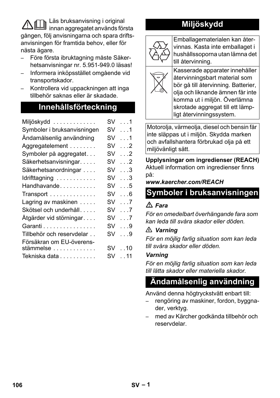 Svenska, Innehållsförteckning, Miljöskydd | Karcher HD 16-15-4 Cage Plus User Manual | Page 106 / 316