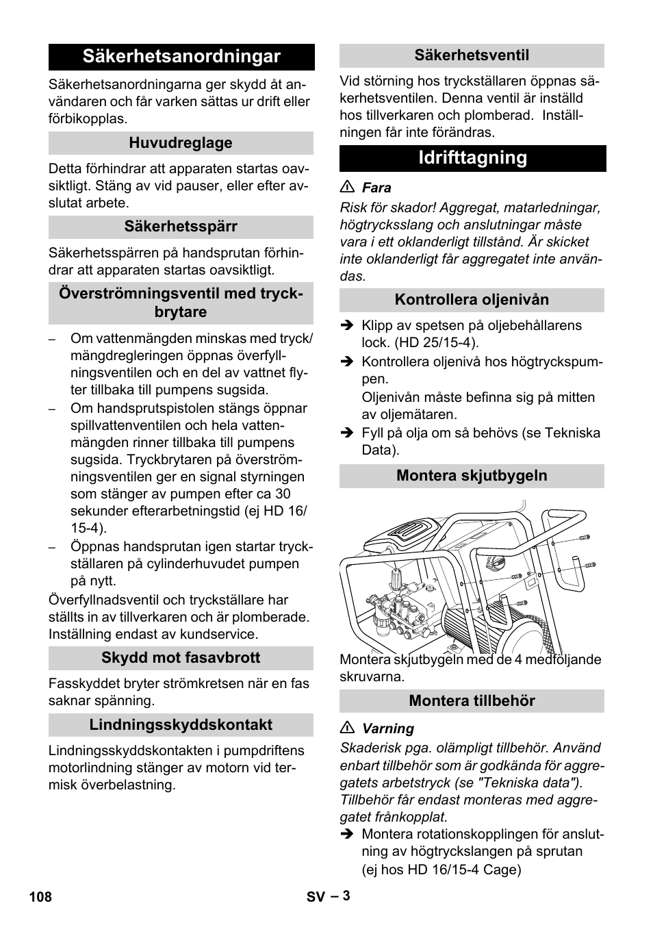 Säkerhetsanordningar, Idrifttagning | Karcher HD 16-15-4 Cage Plus User Manual | Page 108 / 316