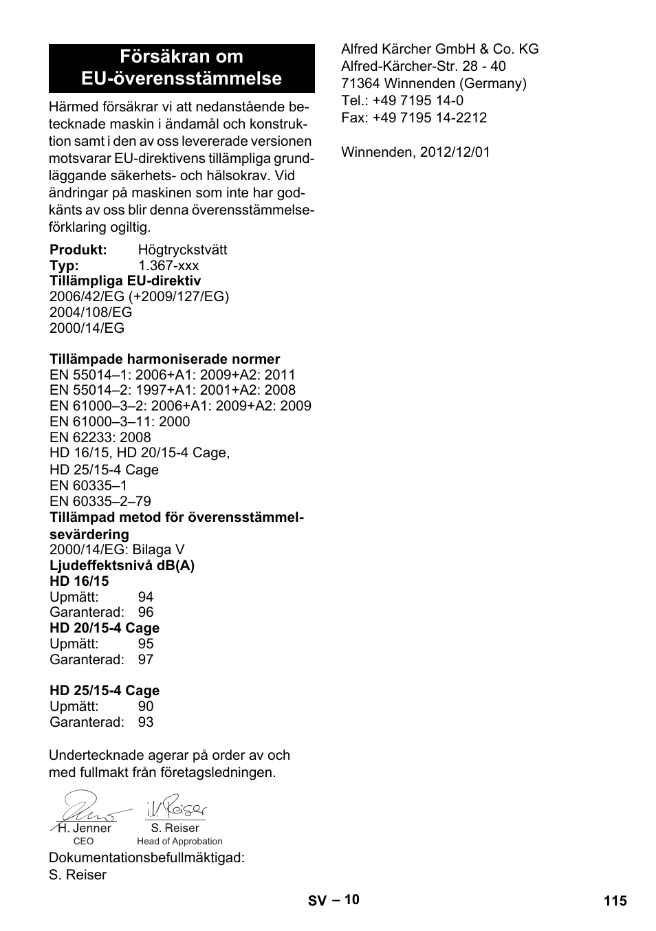 Försäkran om eu-överensstämmelse | Karcher HD 16-15-4 Cage Plus User Manual | Page 115 / 316