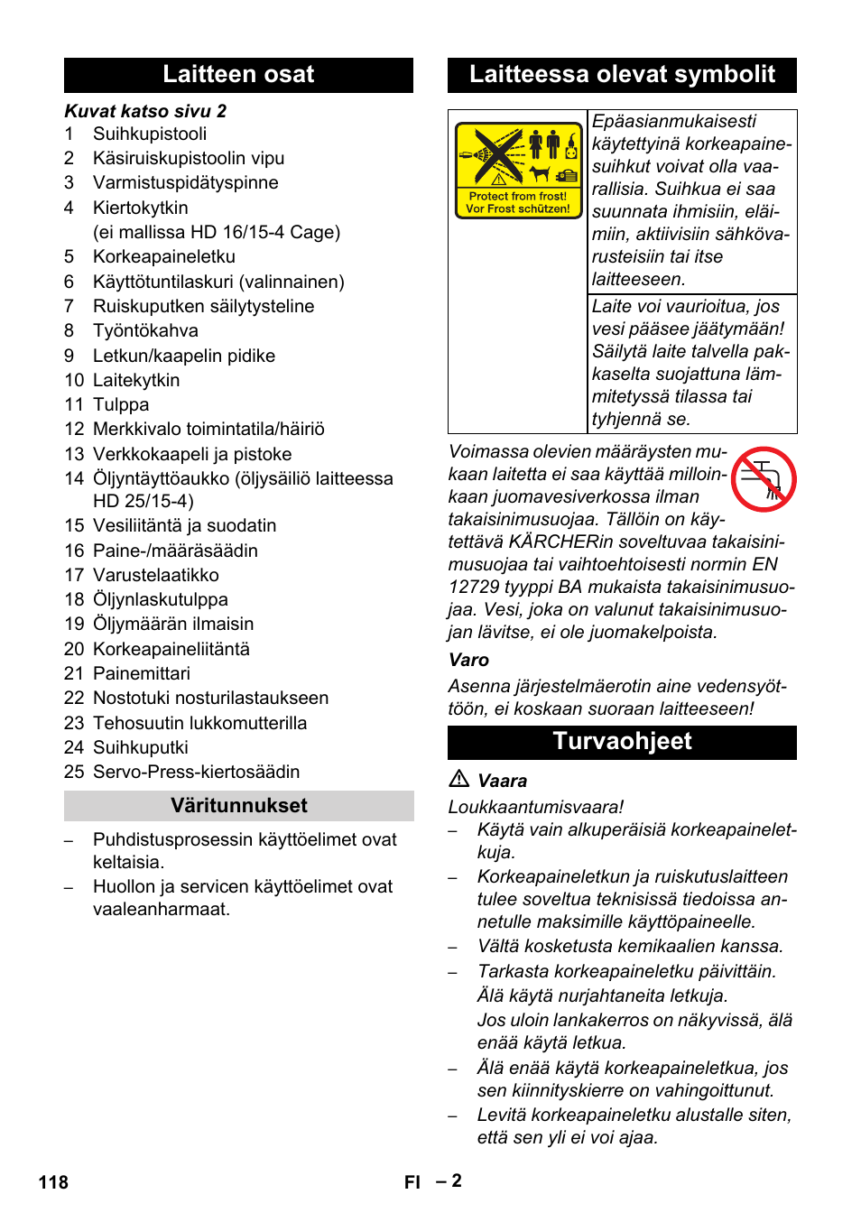 Laitteen osat, Laitteessa olevat symbolit, Turvaohjeet | Karcher HD 16-15-4 Cage Plus User Manual | Page 118 / 316