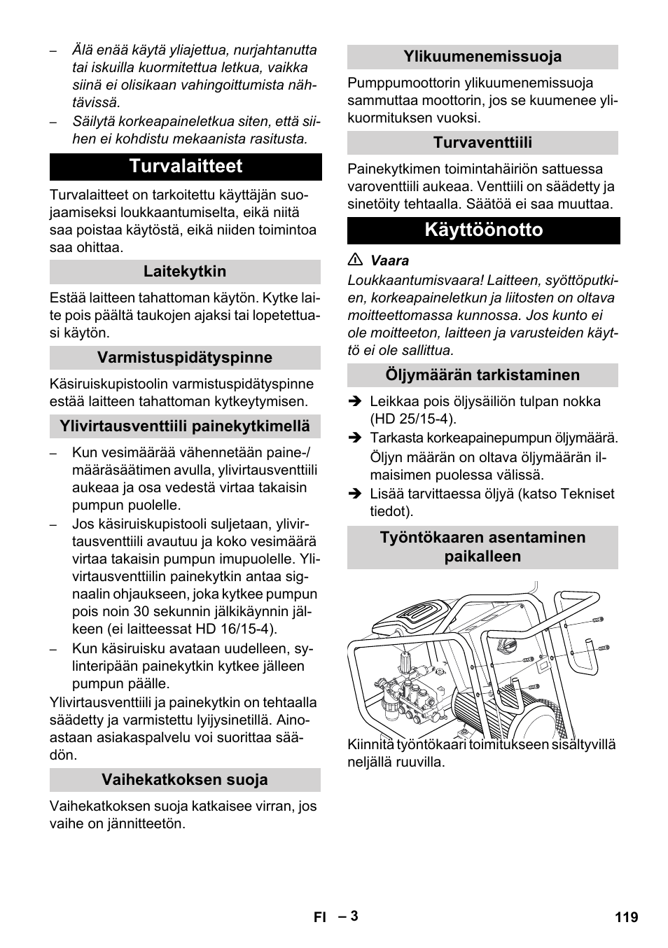 Turvalaitteet, Käyttöönotto | Karcher HD 16-15-4 Cage Plus User Manual | Page 119 / 316