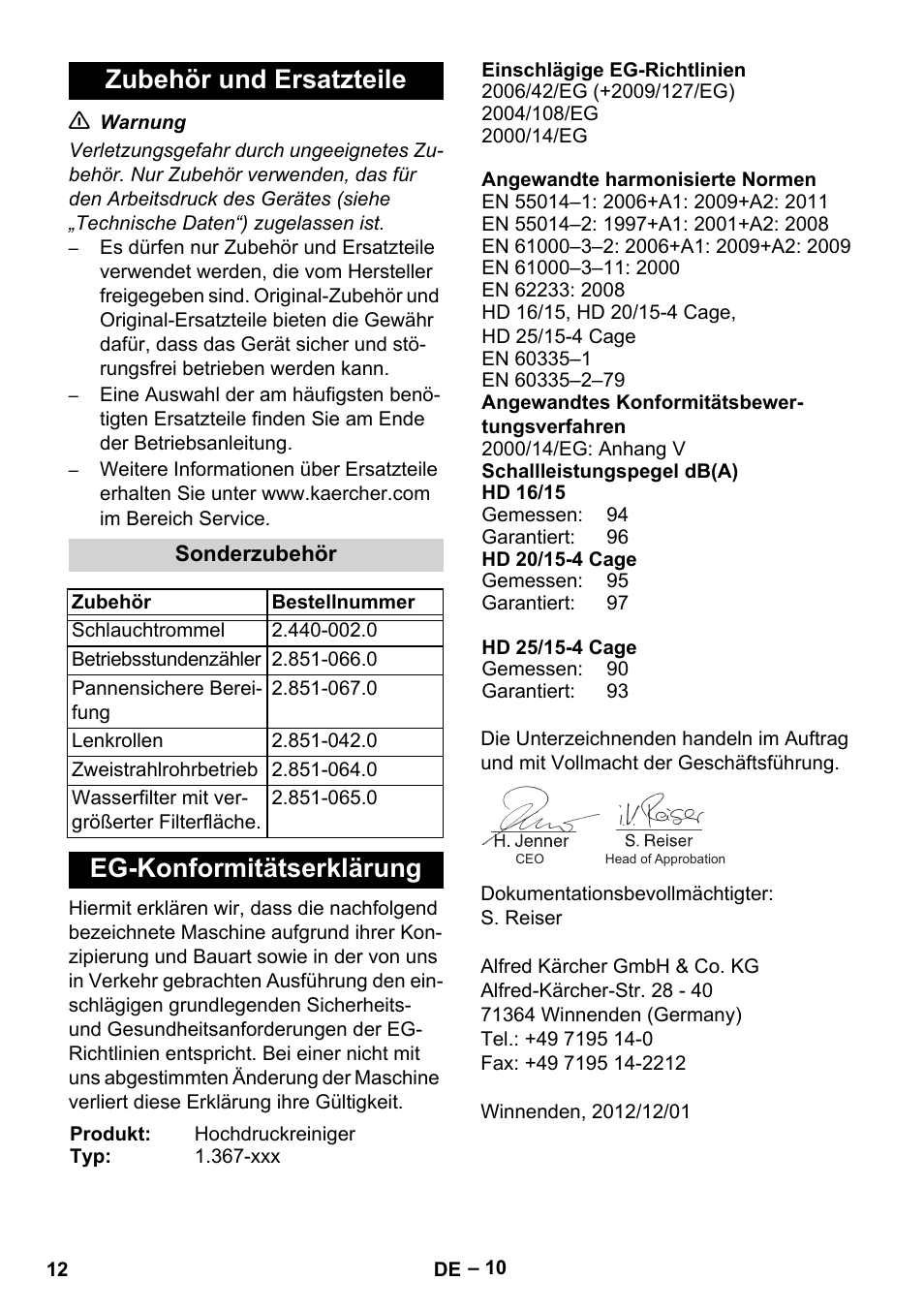 Zubehör und ersatzteile, Eg-konformitätserklärung | Karcher HD 16-15-4 Cage Plus User Manual | Page 12 / 316