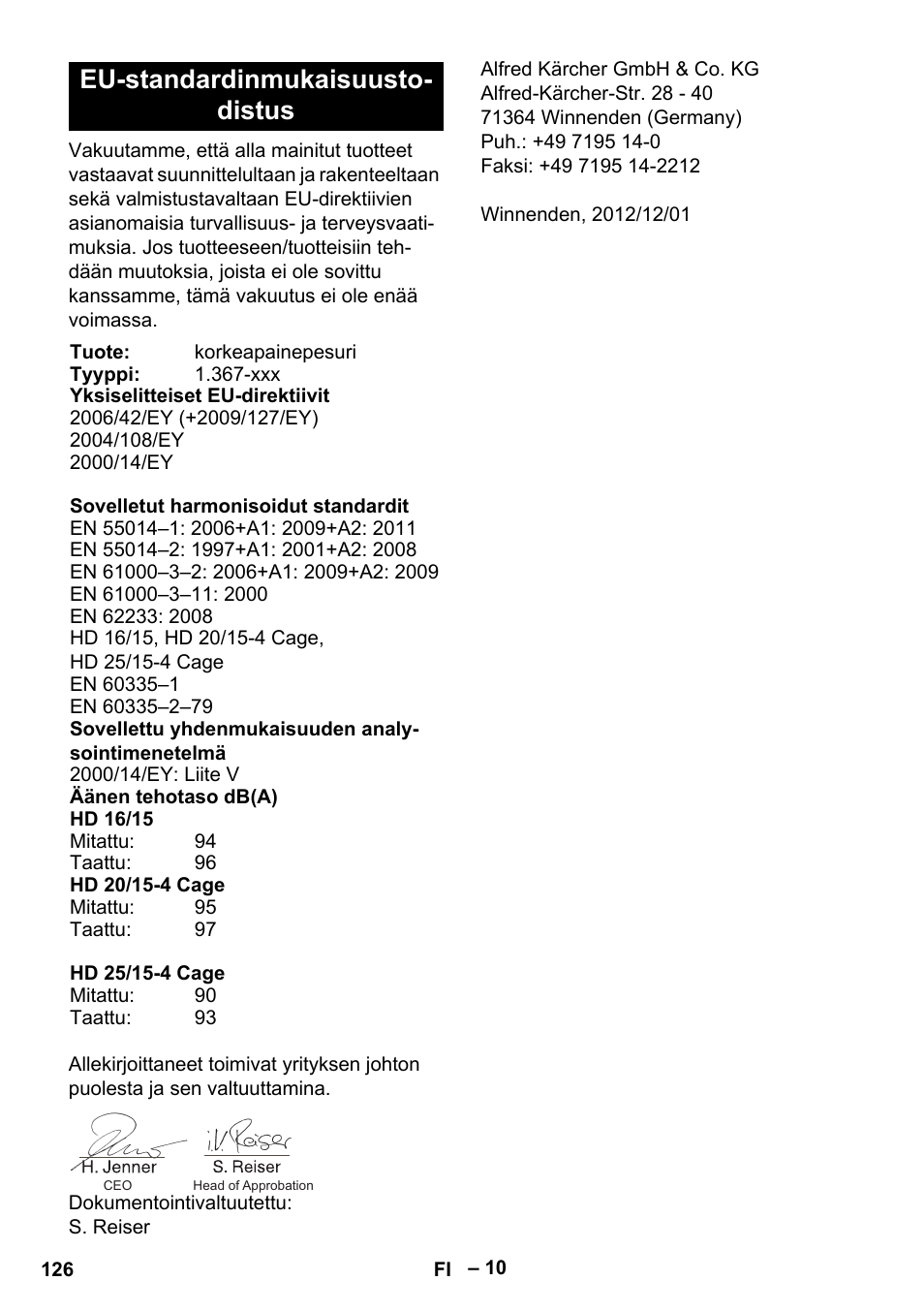 Eu-standardinmukaisuusto- distus | Karcher HD 16-15-4 Cage Plus User Manual | Page 126 / 316