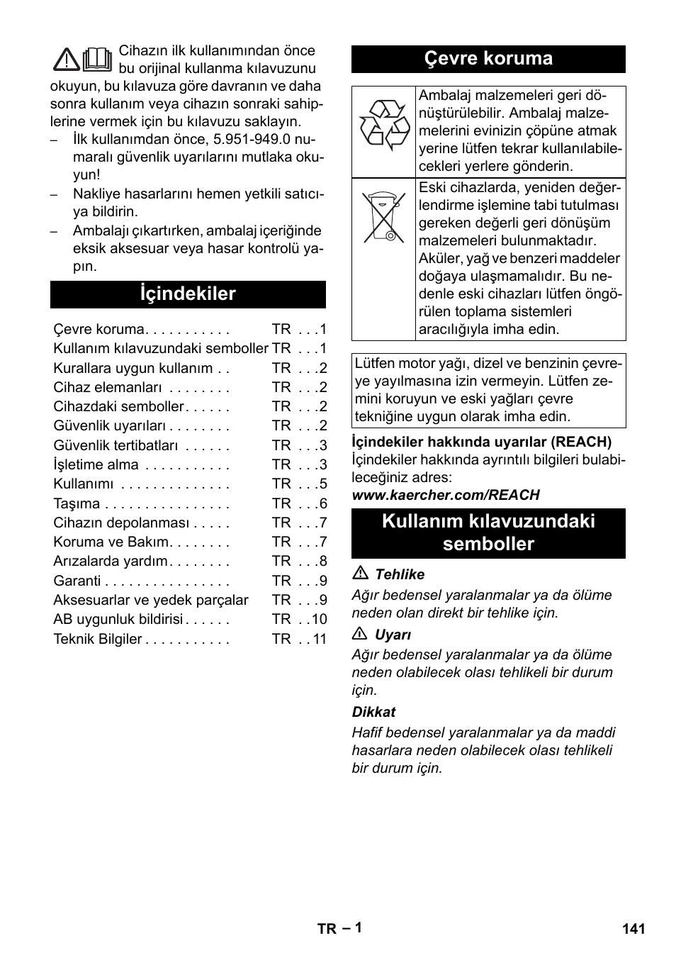 Türkçe, Içindekiler, Çevre koruma | Kullanım kılavuzundaki semboller | Karcher HD 16-15-4 Cage Plus User Manual | Page 141 / 316