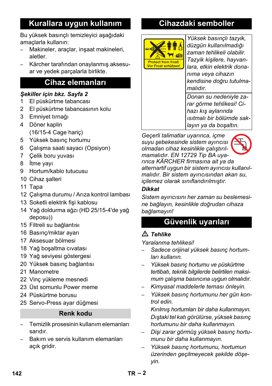 Kurallara uygun kullanım cihaz elemanları, Cihazdaki semboller, Güvenlik uyarıları | Karcher HD 16-15-4 Cage Plus User Manual | Page 142 / 316