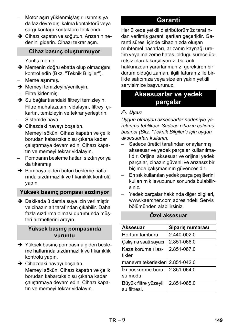 Garanti aksesuarlar ve yedek parçalar | Karcher HD 16-15-4 Cage Plus User Manual | Page 149 / 316