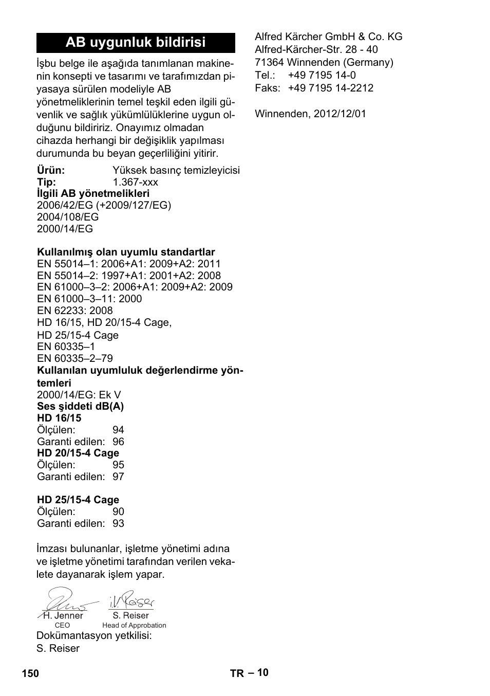 Ab uygunluk bildirisi | Karcher HD 16-15-4 Cage Plus User Manual | Page 150 / 316