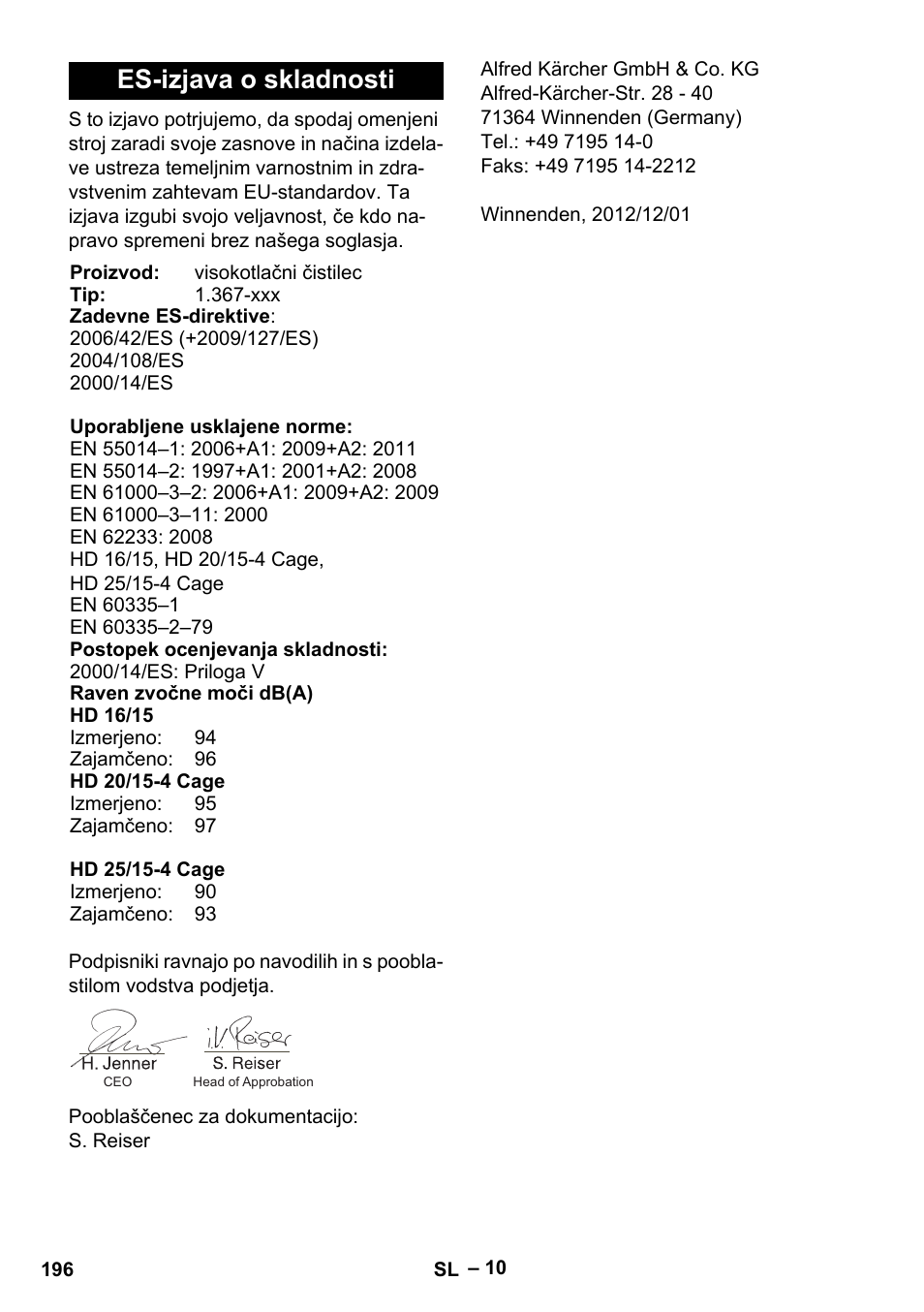 Es-izjava o skladnosti | Karcher HD 16-15-4 Cage Plus User Manual | Page 196 / 316