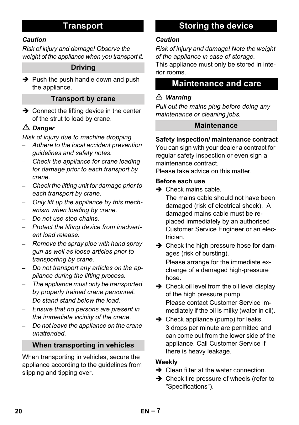 Transport, Storing the device maintenance and care | Karcher HD 16-15-4 Cage Plus User Manual | Page 20 / 316