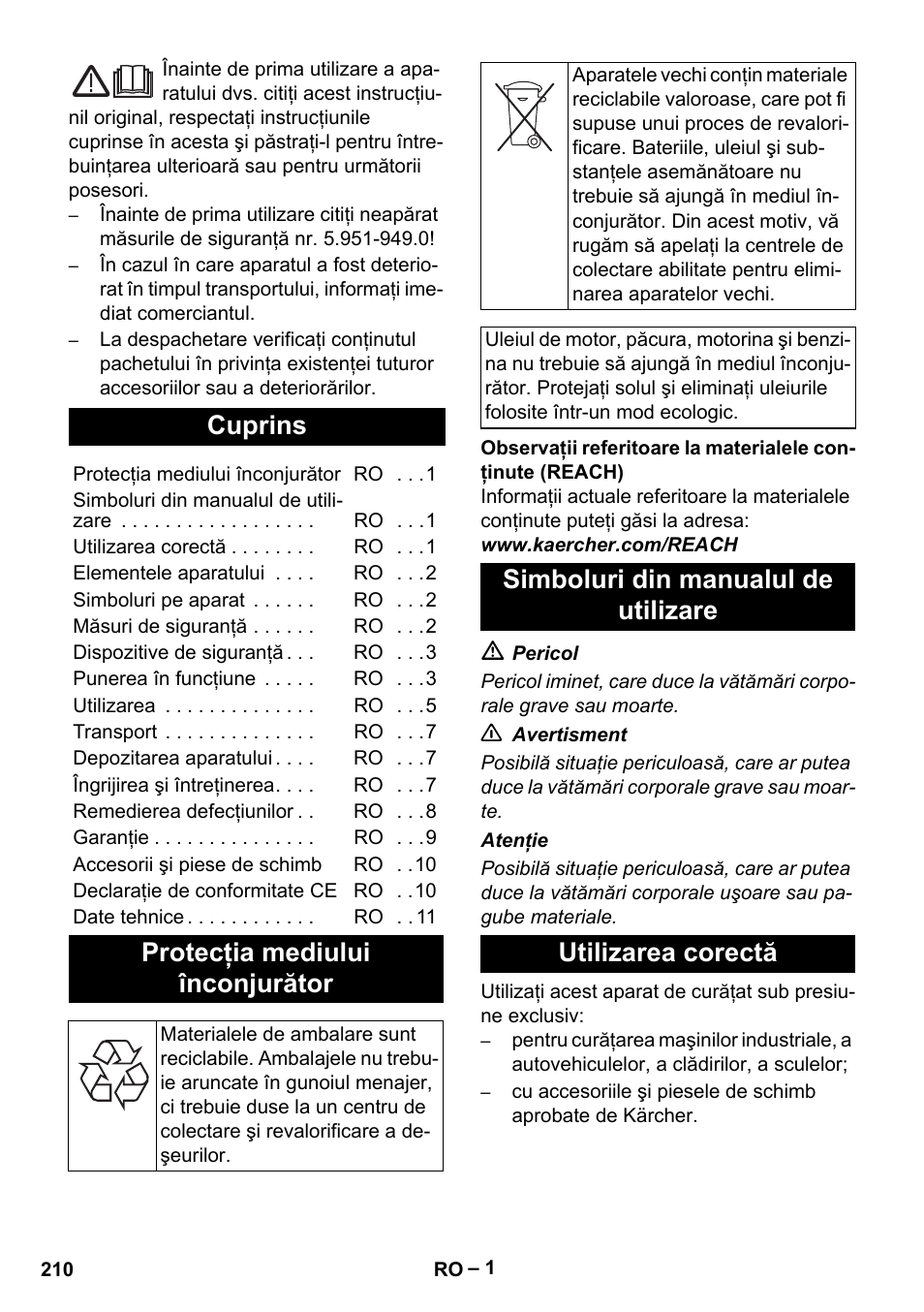 Româneşte, Cuprins, Protecţia mediului înconjurător | Karcher HD 16-15-4 Cage Plus User Manual | Page 210 / 316