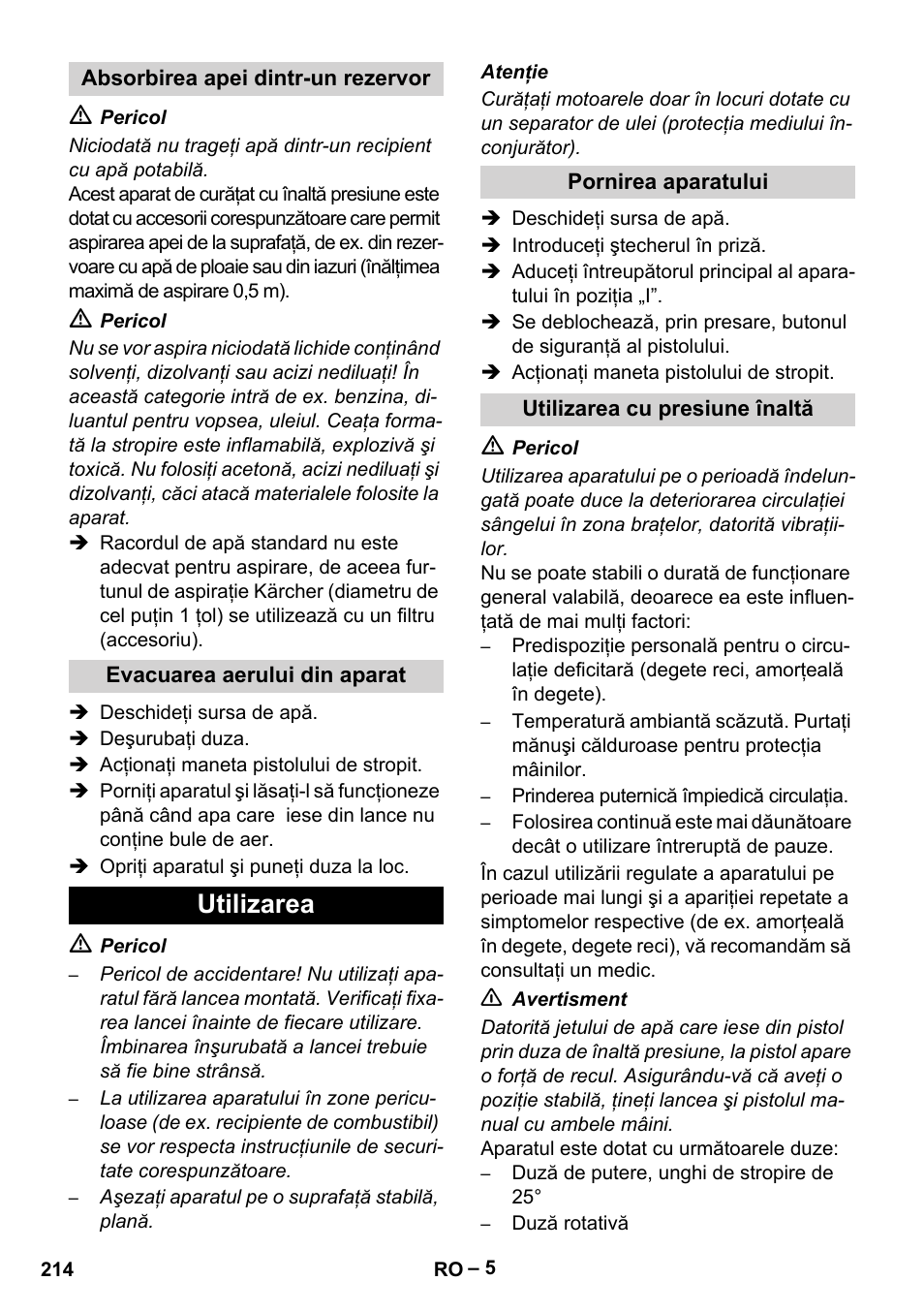 Utilizarea | Karcher HD 16-15-4 Cage Plus User Manual | Page 214 / 316