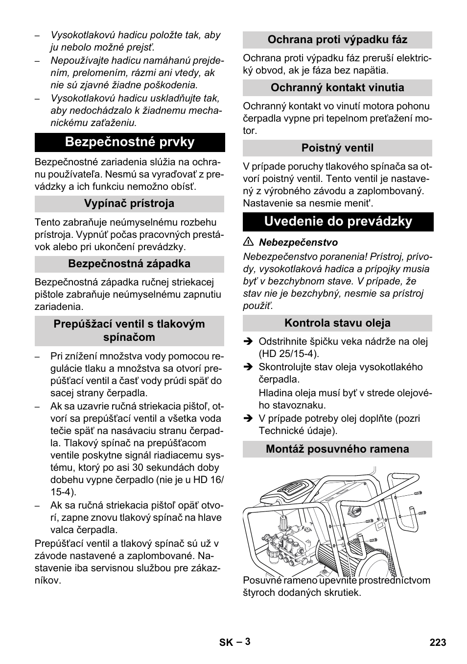 Bezpečnostné prvky, Uvedenie do prevádzky | Karcher HD 16-15-4 Cage Plus User Manual | Page 223 / 316