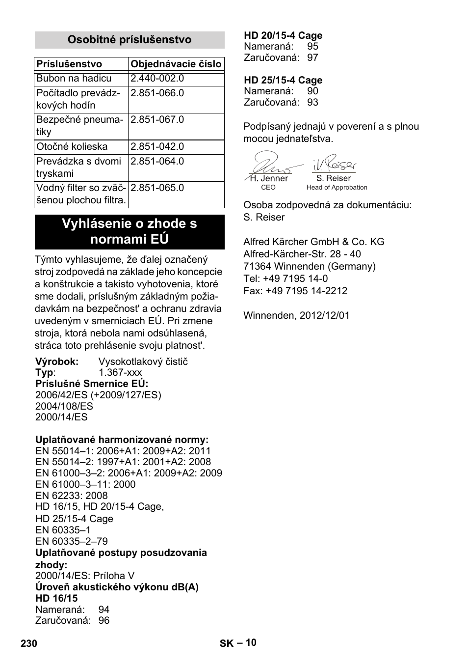 Vyhlásenie o zhode s normami eú | Karcher HD 16-15-4 Cage Plus User Manual | Page 230 / 316