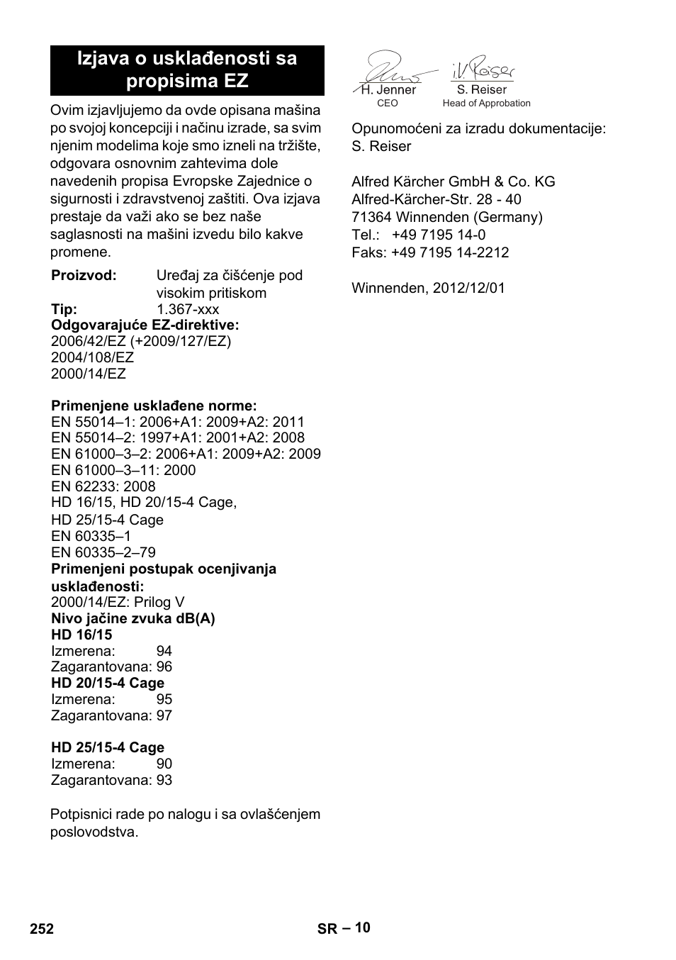 Izjava o usklađenosti sa propisima ez | Karcher HD 16-15-4 Cage Plus User Manual | Page 252 / 316