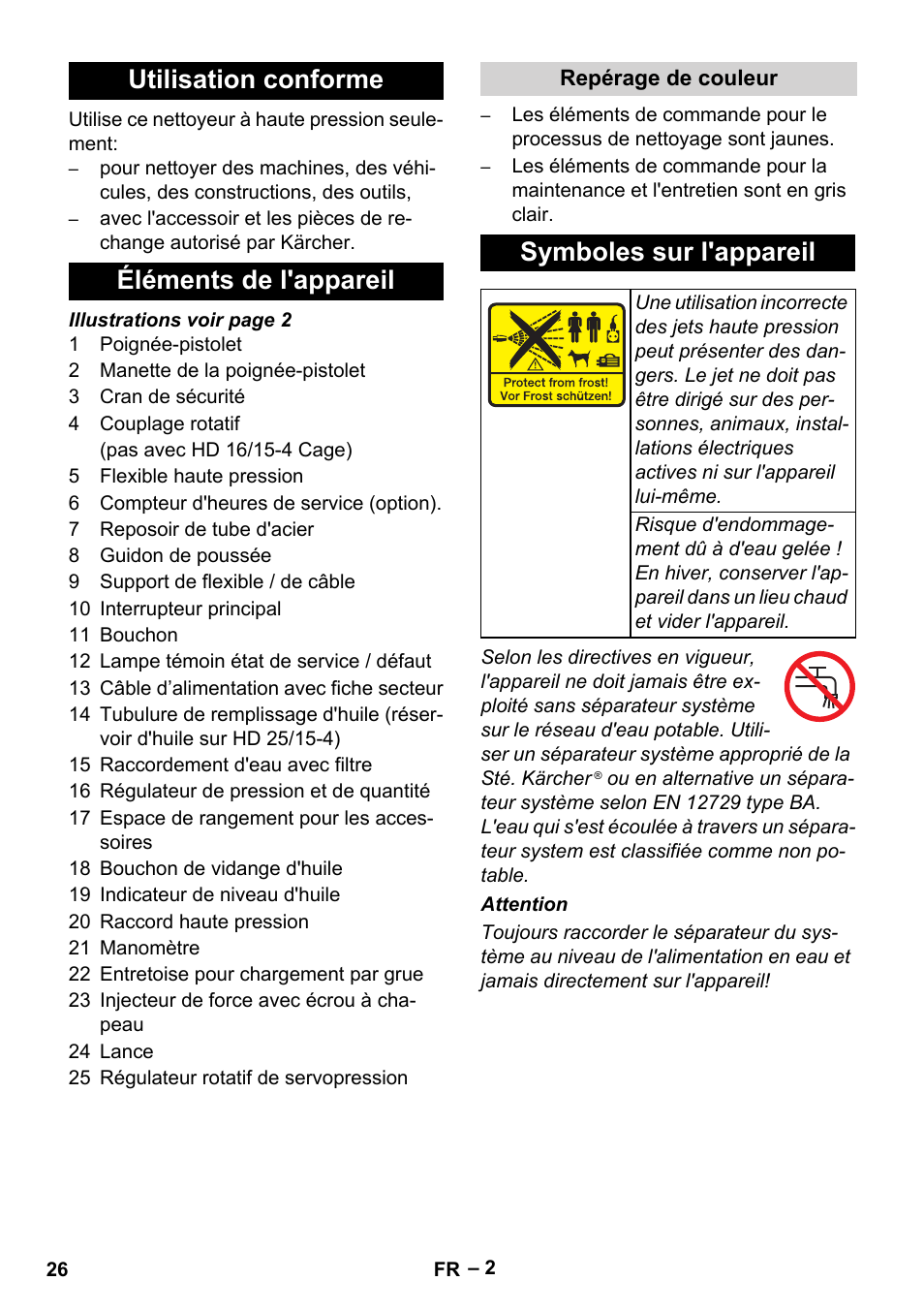 Utilisation conforme éléments de l'appareil, Symboles sur l'appareil | Karcher HD 16-15-4 Cage Plus User Manual | Page 26 / 316