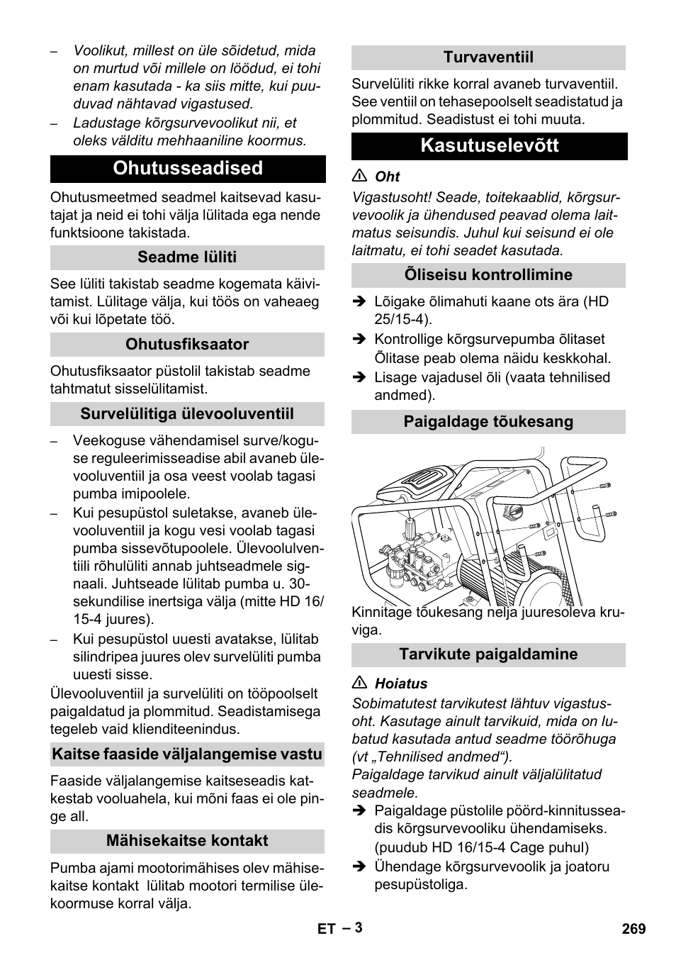 Ohutusseadised, Kasutuselevõtt | Karcher HD 16-15-4 Cage Plus User Manual | Page 269 / 316