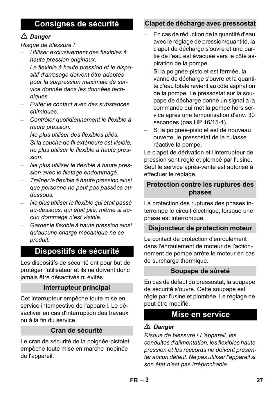 Consignes de sécurité dispositifs de sécurité, Mise en service | Karcher HD 16-15-4 Cage Plus User Manual | Page 27 / 316