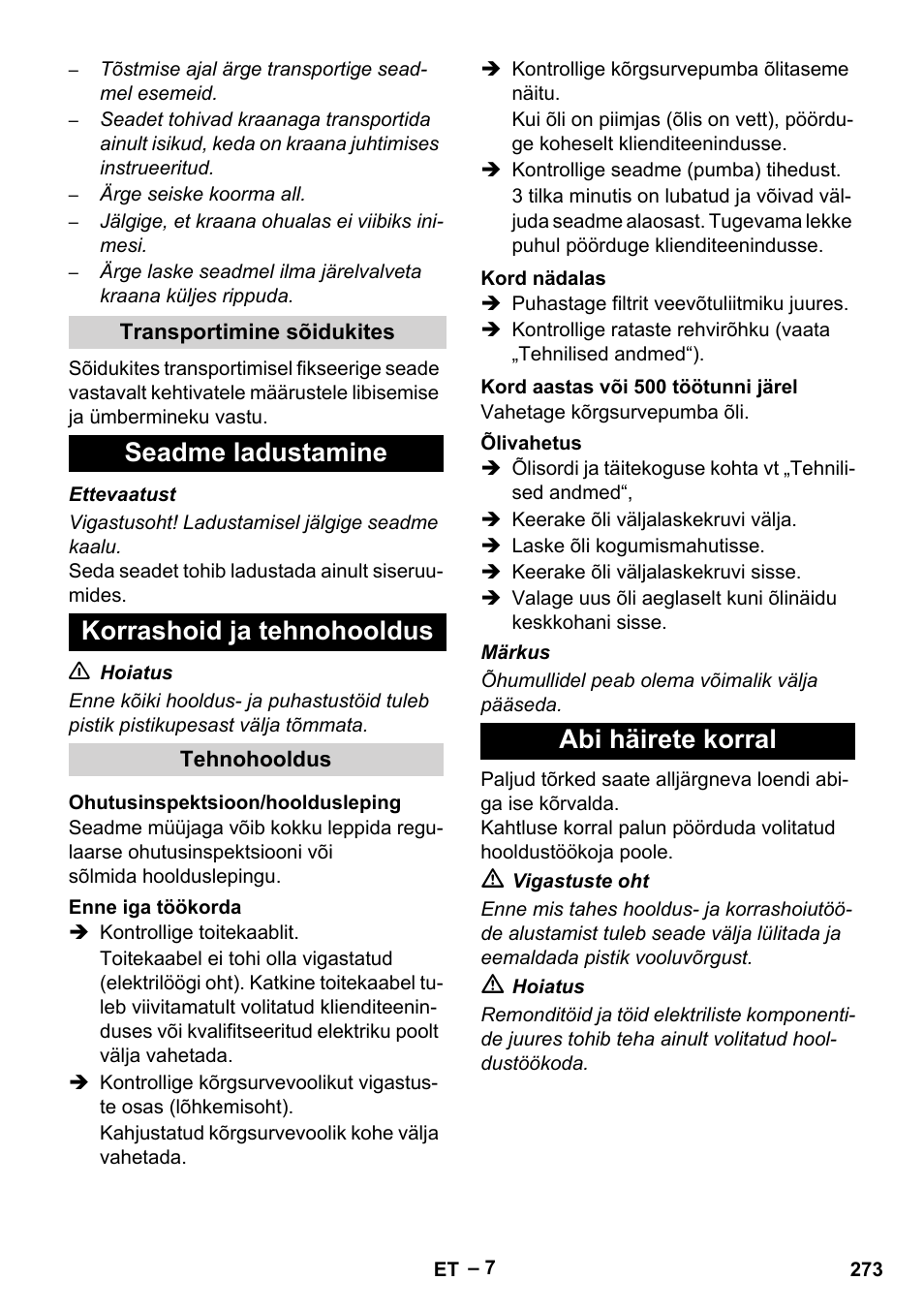 Seadme ladustamine korrashoid ja tehnohooldus, Abi häirete korral | Karcher HD 16-15-4 Cage Plus User Manual | Page 273 / 316