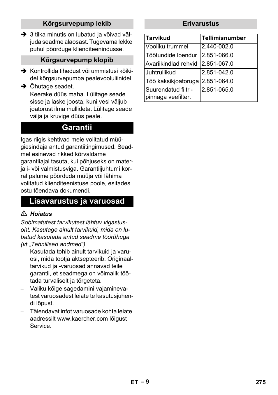 Garantii lisavarustus ja varuosad | Karcher HD 16-15-4 Cage Plus User Manual | Page 275 / 316