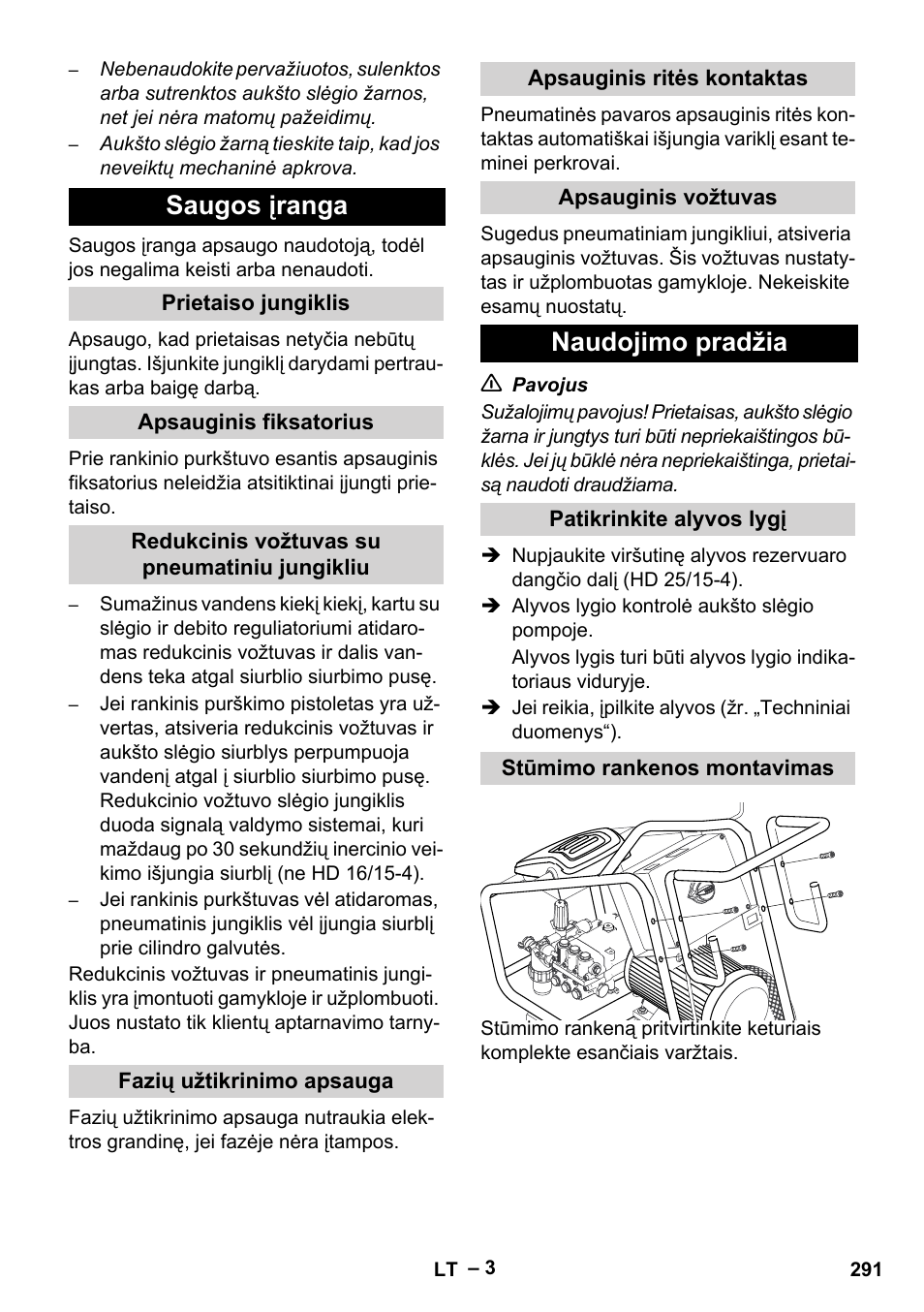 Saugos įranga, Naudojimo pradžia | Karcher HD 16-15-4 Cage Plus User Manual | Page 291 / 316