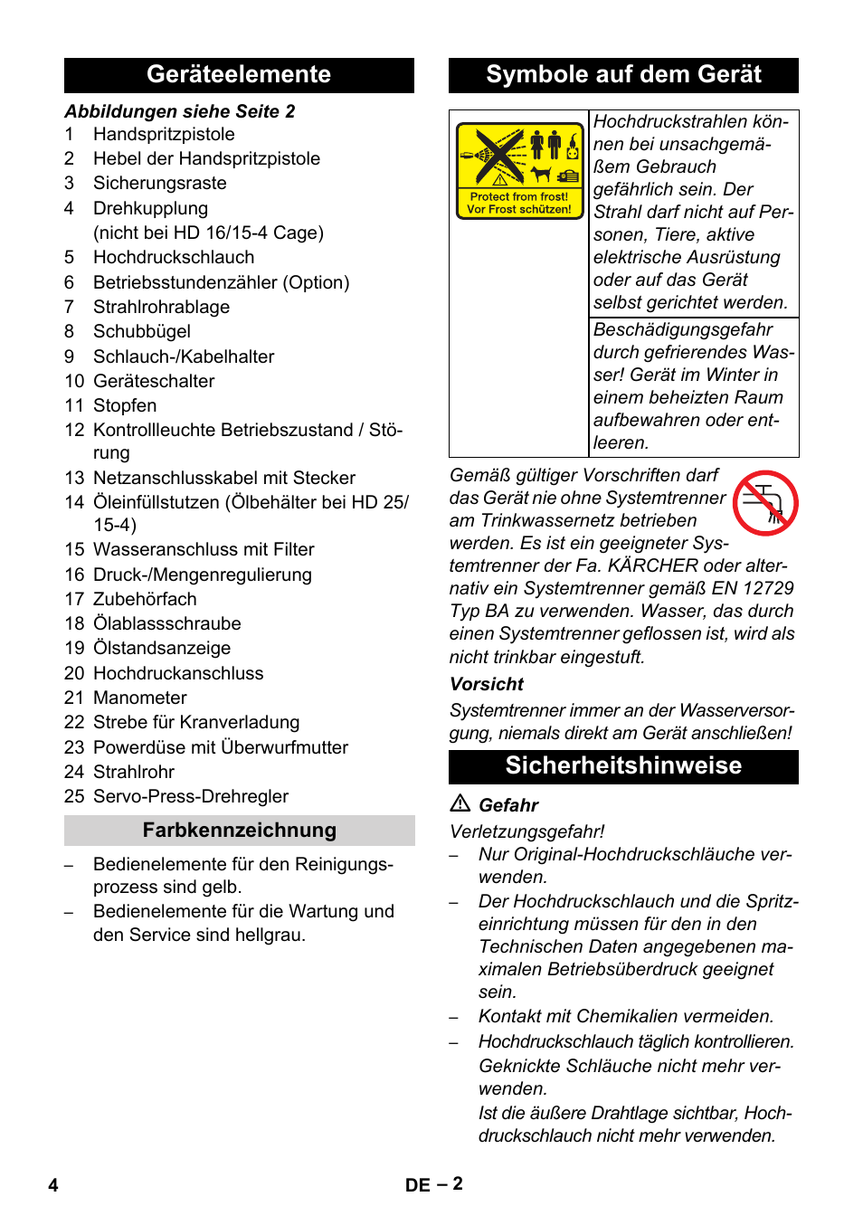 Geräteelemente, Symbole auf dem gerät, Sicherheitshinweise | Karcher HD 16-15-4 Cage Plus User Manual | Page 4 / 316