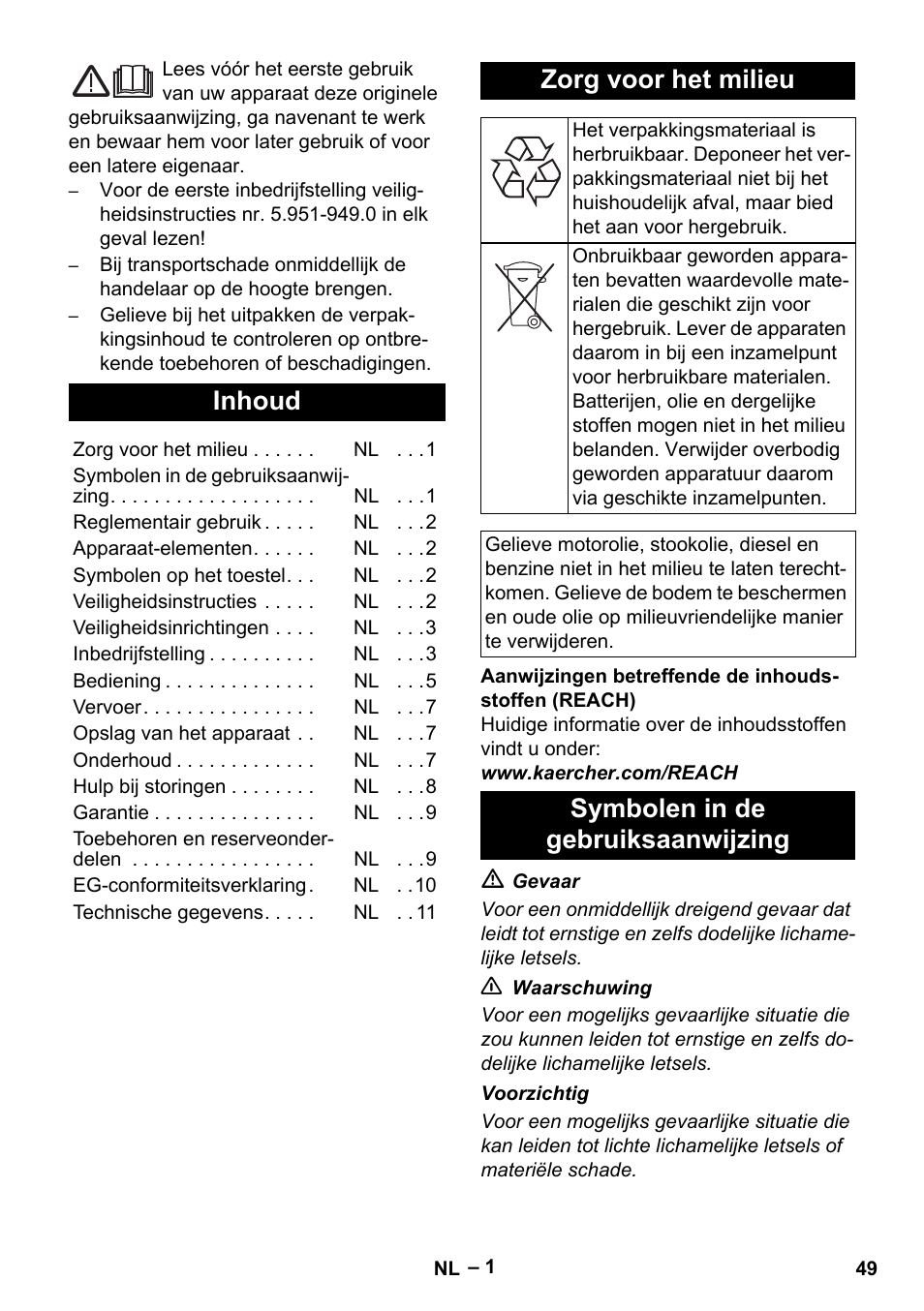 Nederlands, Inhoud, Zorg voor het milieu | Symbolen in de gebruiksaanwijzing | Karcher HD 16-15-4 Cage Plus User Manual | Page 49 / 316