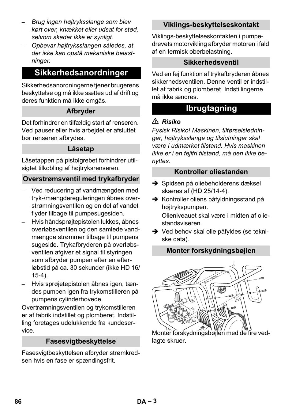 Sikkerhedsanordninger, Ibrugtagning | Karcher HD 16-15-4 Cage Plus User Manual | Page 86 / 316