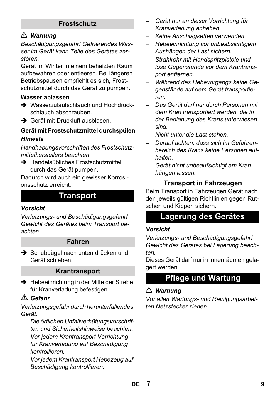 Transport, Lagerung des gerätes pflege und wartung | Karcher HD 16-15-4 Cage Plus User Manual | Page 9 / 316