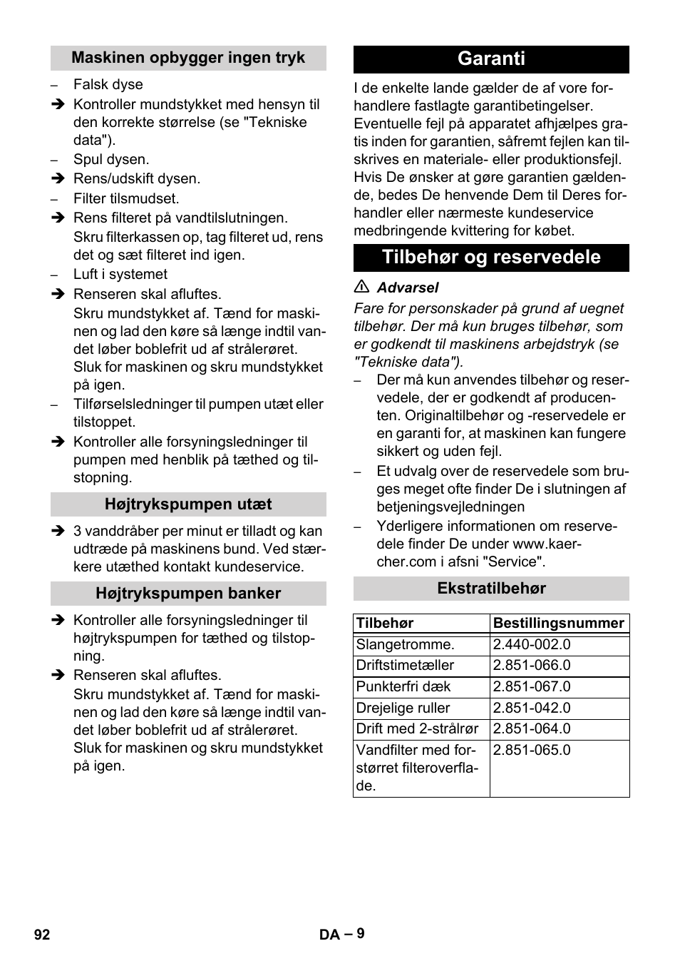 Garanti tilbehør og reservedele | Karcher HD 16-15-4 Cage Plus User Manual | Page 92 / 316