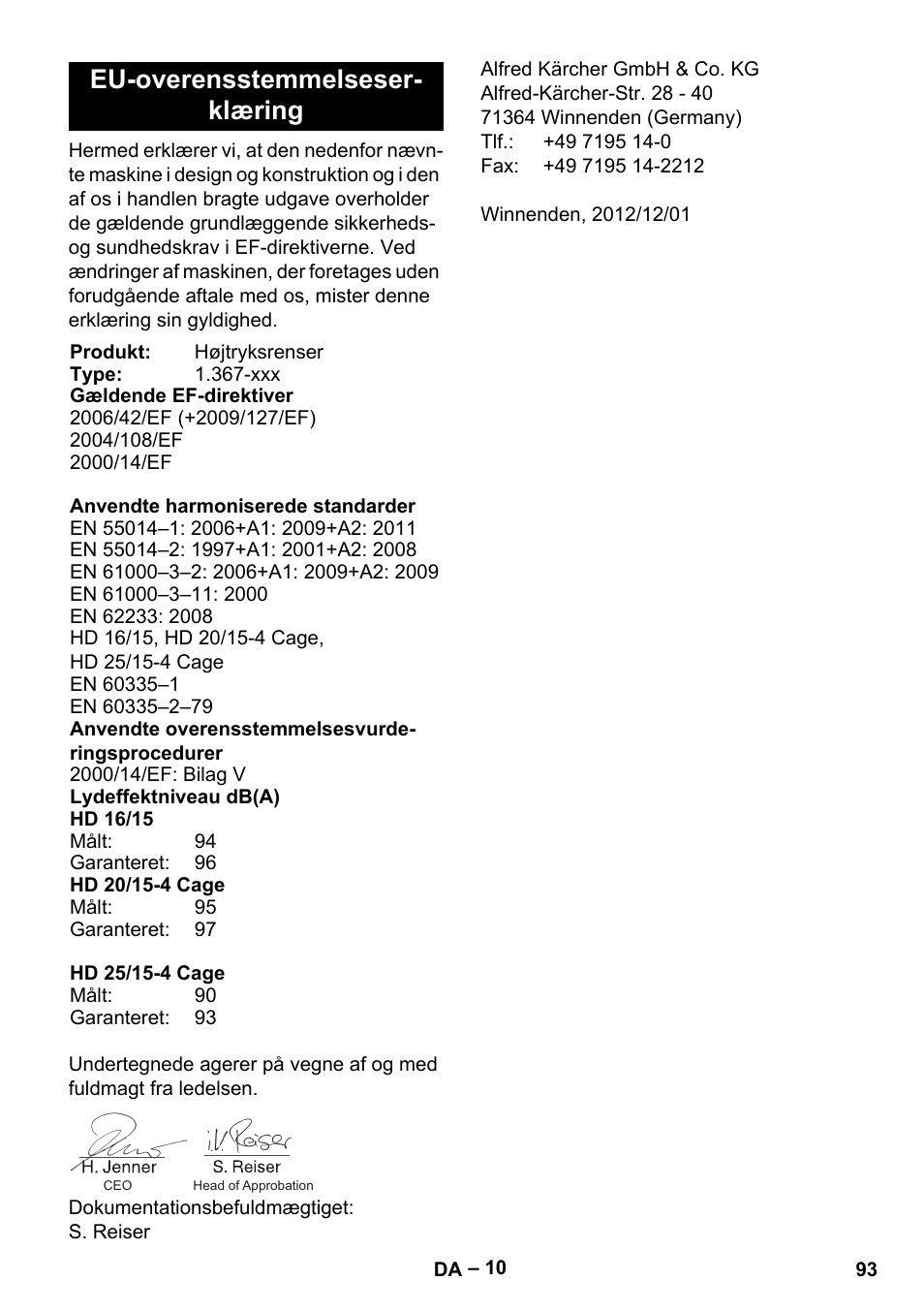 Eu-overensstemmelseser- klæring | Karcher HD 16-15-4 Cage Plus User Manual | Page 93 / 316