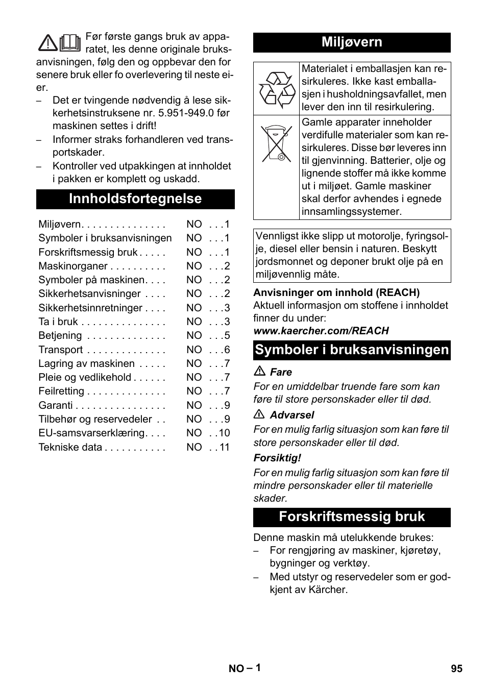 Norsk, Innholdsfortegnelse, Miljøvern | Symboler i bruksanvisningen forskriftsmessig bruk | Karcher HD 16-15-4 Cage Plus User Manual | Page 95 / 316