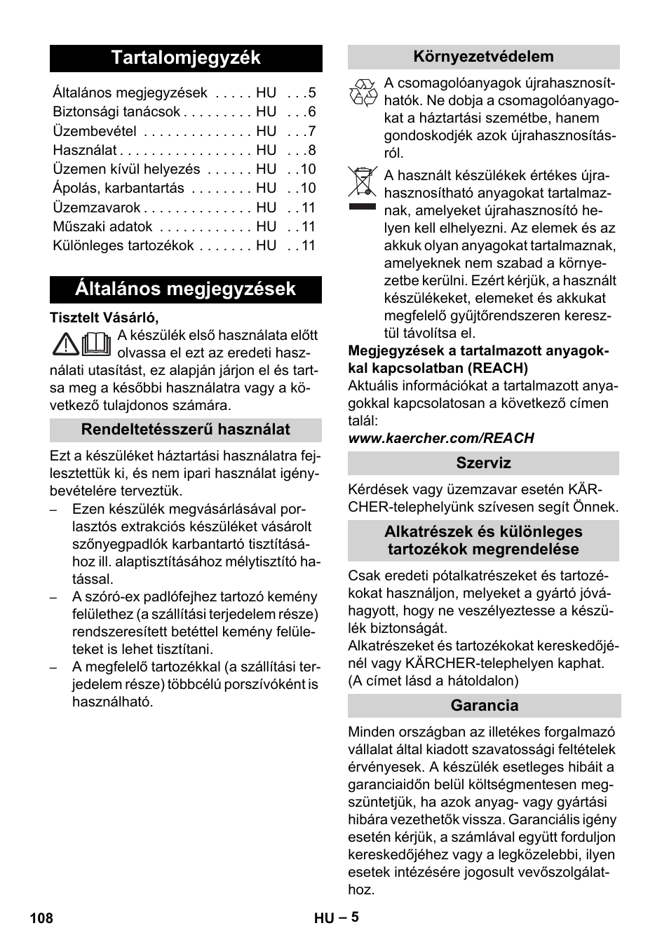 Magyar, Tartalomjegyzék, Általános megjegyzések | Karcher SE 4001 User Manual | Page 108 / 222